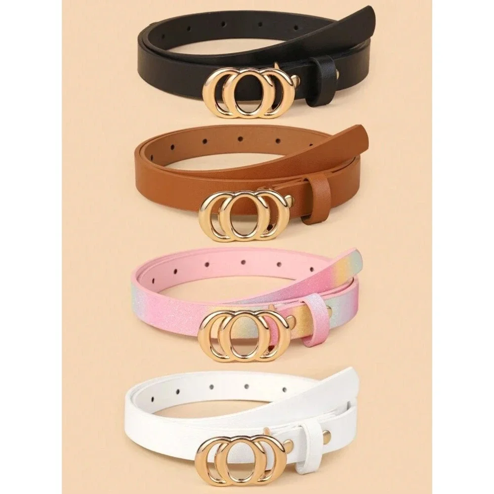Kids Skinny Belt Set 4 Pack Gold Double Ring Buckle Black Brown White Pink Ombre